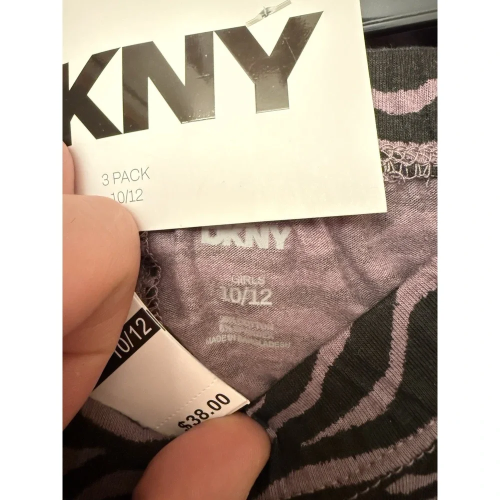 DKNY Girls 3-Pack Leggings 10-12 Black Gray Purple Zebra Stretch Pants Comfy NWT